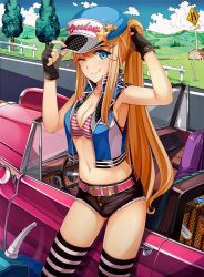 Rule 34 | 1girl, ;), adjusting clothes, adjusting headwear, armpits, badge, belt, bikini, bikini top only, black gloves, black shorts, blonde hair, blue eyes, breasts, buckle, button badge, car, cleavage, cloud, convertible, cowboy shot, cropped vest, cutoffs, day, english text, eyes visible through hair, fence, fingerless gloves, gas can, gloves, hair between eyes, hair ornament, hairclip, hand on headwear, happy, hat, hat ornament, high collar, high ponytail, long hair, looking at viewer, luggage, makeup, mascara, medium breasts, midriff, motor vehicle, mountain, multicolored stripes, navel, one eye closed, original, outdoors, pink belt, ponytail, rear-view mirror, revision, road, road sign, short shorts, shorts, sidelocks, sign, sky, smile, solo, standing, star (symbol), steering wheel, sticker, striped bikini, striped bikini top, striped clothes, striped thighhighs, suitcase, swimsuit, swiss flag, thighhighs, tree, union jack, vehicle, very long hair, vest, windshield, wink, wooden fence, yokaze japan