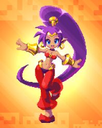 blue_eyes bracelet dark-skinned_female dark_skin earrings genie gold_bracelet gold_earrings jewelry mabius midriff orange_background pants pixel_art ponytail purple_hair red_pants shantae shantae_(series)