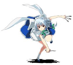 Rule 34 | 1girl, between fingers, bow, braid, female focus, fighting stance, hair bow, holding, izayoi sakuya, knife, large bow, maid, miya (tsumazukanai), red eyes, shadow, silver hair, simple background, solo, standing, standing on one leg, staring, throwing knife, touhou, twin braids, weapon