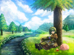 Rule 34 | &gt; &lt;, 1girl, :3, apple juice, armored boots, bag, blue eyes, blue sky, bob cut, boots, brown capelet, brown dress, brown footwear, capelet, charm (object), chest guard, cloud, commentary request, day, dress, floral print, food, forest, fruit, full body, gauntlets, grapes, green hair, highres, juice, medium bangs, mogukk, nature, open mouth, outdoors, pine tree, poring, ragnarok online, river, rose print, short hair, sitting, sky, slime (creature), smile, swordsman (ragnarok online), tree, under tree, water