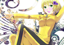 Rule 34 | 10s, 1girl, bad id, bad pixiv id, blonde hair, blush, breasts, bruce lee&#039;s jumpsuit, c-diamond, female focus, flower, green eyes, hair ornament, hairclip, huang baoling, short hair, solo, tiger &amp; bunny, white background