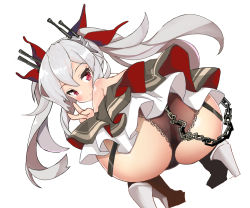 Rule 34 | 1girl, ass, azur lane, bare shoulders, black panties, chain, denden taiko, dutch angle, from behind, full body, garter straps, hair ornament, high heels, huge ass, lace, lace-trimmed panties, lace trim, long hair, looking back, panties, pink eyes, silver hair, simple background, solo, squatting, twintails, underwear, v, vampire (azur lane), white background