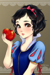 Rule 34 | 1girl, absurdres, apple, artist name, black hair, blue dress, blush, bow, brown eyes, dress, food, fruit, hair bow, highres, holding, holding food, holding fruit, looking at viewer, mari945, medium hair, red apple, red bow, snow white (disney), snow white and the seven dwarfs, solo, upper body, watermark