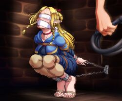 Rule 34 | 1girl, arms behind back, bdsm, blindfold, blonde hair, blue robe, blush, bondage, bound, bound arms, bound legs, chain, chained, chained ankles, chained cuffs, chained wrists, collarbone, crouching, domination, dungeon meshi, elf, feet, gagged, helpless, highres, holding, holding whip, indoors, long hair, marcille donato, pants, pigtail braids, pointy ears, prisoner, red ribbon, restrained, ribbon, robe, sandals, third-party edit, whip