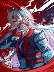 Rule 34 | 1girl, animal ears, arm at side, blood, blood on face, blue eyes, blue jacket, blue shirt, crop top, fingerless gloves, from side, gloves, grey hair, hairband, hand up, headband, horse ears, inishie kumo, jacket, long hair, long sleeves, open clothes, open jacket, profile, shirt, solo, tamamo cross (umamusume), umamusume, upper body, white gloves, wiping face