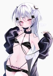 Rule 34 | 1girl, absurdres, bare shoulders, bat hair ornament, black jacket, black nails, blush, breasts, collar, cross hair ornament, grey hair, hair ornament, highres, jacket, long hair, looking at viewer, mizupuruta, nail polish, open clothes, original, pubic tattoo, red eyes, short shorts, shorts, simple background, small breasts, solo, tattoo, twintails, vampire, white background, x hair ornament