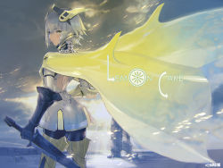 Rule 34 | 1girl, armor, ass, back, back cutout, black legwear, cape, closed mouth, clothing cutout, cloud, cloudy sky, covered erect nipples, cropped, english text, fantasy, flaming eye, gauntlets, grey hair, headgear, highres, holding, holding sword, holding weapon, light rays, looking back, maeshima shigeki, ocean, original, outdoors, pillar, reverse grip, ruins, science fiction, see-through, see-through cape, short hair, single gauntlet, sky, solo, sunbeam, sunlight, sword, vambraces, weapon, yellow cape, yellow eyes, yellow legwear, yellow theme