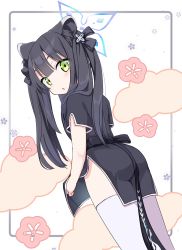 Rule 34 | 1girl, animal ear fluff, animal ears, ass, black dress, black hair, blue archive, blunt bangs, china dress, chinese clothes, clothes lift, commentary request, dress, dress lift, from behind, green eyes, highres, kinuta rishi, lifting own clothes, long hair, looking back, open mouth, ribbon, short sleeves, shun (blue archive), shun (small) (blue archive), solo, thighhighs, thighs, tiger ears, tiger girl, twintails, white thighhighs
