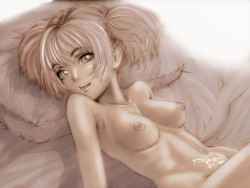 Rule 34 | 1girl, aftersex, bed, breasts, cum, cum on body, cum on upper body, lying, monochrome, nipples, nude, on back, pillow, solo, twintails