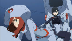 Rule 34 | 10s, 1boy, 1girl, a-1 pictures, all fours, black bodysuit, black hair, blue eyes, bodysuit, breasts, brown hair, couple, darling in the franxx, doggystyle, green eyes, hetero, highres, hiro (darling in the franxx), holding, lips, long hair, looking at viewer, medium breasts, nana (darling in the franxx), pilot suit, sex, sex from behind, short hair, solo focus, tongue, tongue out, white bodysuit