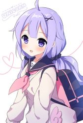 Rule 34 | 1girl, :d, ahoge, anchor symbol, azur lane, backpack, bag, black sailor collar, black scrunchie, blush, cardigan, character name, commentary request, grey cardigan, hair flaps, hair ornament, hair scrunchie, hairclip, heart, long hair, long sleeves, looking at viewer, low twintails, mauve, neckerchief, open mouth, pink neckerchief, purple eyes, purple hair, sailor collar, school bag, school uniform, scrunchie, serafuku, shirt, sidelocks, simple background, sleeves past wrists, smile, solo, twintails, unicorn (long-awaited date) (azur lane), unicorn (azur lane), unicorn (long-awaited date) (azur lane), upper body, very long hair, white background, white cardigan, white sailor collar, white shirt, x hair ornament