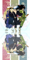 Rule 34 | 3boys, alcohol, black hair, cherry blossoms, conanhk, highres, japanese clothes, katana, kimono, long hair, male focus, multiple boys, nura rihan, nura rihyon, nura rikuo, nurarihyon no mago, one eye closed, petals, reflection, sakazuki, sake, sakura petals, samurai, sarashi, sword, weapon, white hair, wink