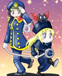 Rule 34 | 2girls, a-king, animal, animal on head, black cat, black hair, blonde hair, blue eyes, blush, boots, cat, cat on head, coat, conductor (ginga tetsudou 999), conductor (ginga tetsudou 999) , conductor (ginga tetsudou 999) (cosplay), conductor (ginga tetsudou 999)  (cosplay), cosplay, from side, full body, ginga tetsudou 999, gloves, gradient background, hat, light smile, long coat, long hair, long sleeves, looking at viewer, looking to the side, maetel, maetel (cosplay), multiple girls, nichijou, on head, pants, peaked cap, pom pom (clothes), professor shinonome, rope, sakamoto (nichijou), salute, shadow, shinonome nano, shoes, short hair, sidelocks, smile, sparkle, uniform, watch, winding key, wristwatch, | |