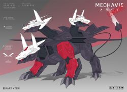 Rule 34 | cerberus (helltaker), character name, commentary, commission, english commentary, english text, fusion, gundam, gundam seed, gundam seed c.e. 73: stargazer, harryych, helltaker, highres, kerberos bucue hound, looking to the side, mecha, mechanical tail, multiple heads, name connection, no humans, robot, solo, standing, tail