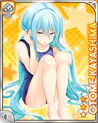Rule 34 | 1girl, ass, barefoot, blue hair, card, character name, girlfriend (kari), kayashima otome, long hair, official art, open mouth, qp:flapper, red eyes, school swimsuit, sitting, swimsuit, tagme, very long hair, yellow background