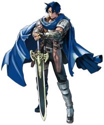 Rule 34 | 1boy, armor, armored boots, blue eyes, blue hair, boots, cape, daril camuze, fingerless gloves, full body, gloves, male focus, official art, solo, star ocean, star ocean anamnesis, star ocean integrity and faithlessness, sword, transparent background, weapon