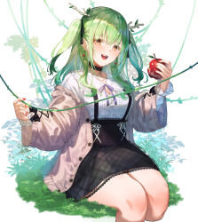 Rule 34 | 1girl, antlers, apple, bikini, bitten apple, black choker, black ribbon, black skirt, breasts, cardigan, ceres fauna, ceres fauna (jirai kei), choker, cleavage cutout, clothing cutout, commentary, earrings, english commentary, fingernails, food, food bite, frilled shirt collar, frills, fruit, green hair, hair ribbon, heart, heart choker, high-waist skirt, highres, holding, holding food, holding fruit, hololive, hololive english, horns, jewelry, jirai kei, kinoko (shikimylove), lace, lace choker, large breasts, long hair, looking at viewer, neck ribbon, no pants, official alternate costume, open cardigan, open clothes, pink cardigan, purple ribbon, red nails, ribbon, shirt, sitting, skirt, solo, swimsuit, two-tone bikini, two side up, underbust, virtual youtuber, w arms, white shirt, yellow eyes