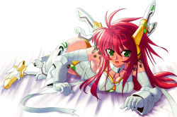 Rule 34 | 1girl, :o, antenna hair, armor, banpresto, bare shoulders, blush, boots, breasts, cleavage, cosplay, full body, gauntlets, green eyes, headgear, hip focus, large breasts, long hair, lying, on stomach, open mouth, red hair, simple background, solo, super robot wars, super robot wars the lord of elemental, tattoo, thigh boots, thighhighs, valsione, valsione r, very long hair, white background