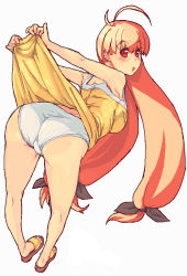 Rule 34 | 1girl, ahoge, ass, bad id, bad pixiv id, bent over, clothes lift, dress, dress lift, from below, long hair, looking back, low-tied long hair, magical antique, orange hair, panties, pantyshot, red eyes, red hair, rkrk, sandals, simple background, skirt, skirt lift, solo, sphie, twintails, underwear, very long hair, white panties