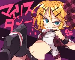 Rule 34 | 1girl, angry, aqua eyes, belt, black thighhighs, blonde hair, bow, bracelet, broken heart, clenched teeth, crop top, crying, crying with eyes open, frown, hair bow, hair ornament, hairclip, heart, jewelry, kagamine rin, kaho 0102, midriff, mylist damee! (vocaloid), navel, plaid, plaid bow, plaid skirt, plaid sleeves, purple background, purple bow, purple skirt, short hair, short sleeves, skirt, solo, song name, tearing up, tears, teeth, thighhighs, two-tone shirt, v-shaped eyebrows, vocaloid, zettai ryouiki