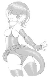 Rule 34 | 10s, 1girl, absurdres, armpits, ass, bad id, bad pixiv id, bare shoulders, blush, breasts, elbow gloves, fingerless gloves, frilled skirt, frills, from behind, fur collar, gloves, gradient hair, grey eyes, grey hair, greyscale, highres, kemono friends, looking at viewer, looking back, monochrome, multicolored hair, neko7, one-piece swimsuit, open mouth, short hair, simple background, skirt, small-clawed otter (kemono friends), small breasts, smile, solo, swimsuit, thighhighs, two-tone hair, white background