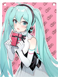 Rule 34 | 1girl, :o, ahoge, alternate costume, aqua eyes, aqua hair, bare shoulders, black ribbon, blush, border, corset, cowboy shot, elbow gloves, gift, gloves, grey skirt, hatsune miku, hokuotzu, holding, holding gift, long hair, looking at viewer, neck ribbon, open mouth, outline, outside border, patterned background, pink background, ribbon, sidelocks, skirt, solo, twintails, very long hair, vocaloid, white border, white gloves, white outline