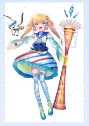 Rule 34 | 10s, 1girl, bad id, bad pixiv id, bird, blonde hair, blue eyes, bracelet, commentary request, detached sleeves, erubo, frilled skirt, frills, hair ornament, highres, jewelry, long hair, looking at viewer, magical girl, mahou shoujo taisen, mahou shoujo taisen contest 2, multicolored clothes, multicolored legwear, open mouth, original, personification, ribbon, simple background, skirt, smile, solo, striped clothes, striped skirt, thighhighs, twintails