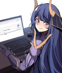 Rule 34 | 1girl, alternate costume, blush, captcha, commentary, computer, cursor, desk, doll joints, english commentary, eyeliner, genshin impact, hair down, hair ornament, highres, hinghoi, horns, joints, laptop, long hair, looking at viewer, looking back, makeup, mouse (computer), purple eyes, purple hair, raiden shogun, raiden shogun (magatsu mitake narukami no mikoto), simple background, sitting, solo, tearing up, tears, trembling, upper body, very long hair, white background