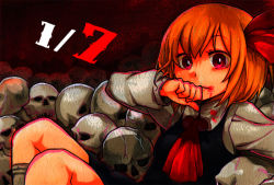 Rule 34 | 1girl, ascot, bad id, bad pixiv id, blonde hair, blood, blood in mouth, embodiment of scarlet devil, female focus, mokura, red eyes, rumia, sitting, skull, solo, touhou, wiping mouth