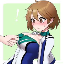 Rule 34 | !, 1girl, bandaid, bandaid on face, blush, breasts, brown eyes, brown hair, cypress, kantai collection, large breasts, nose blush, oboro (kancolle), official alternate costume, race queen, short hair, solo focus, upper body, zipper, zipper pull tab