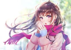 Rule 34 | 1girl, :o, blurry, blurry background, blush, breath, brown hair, casual, coat, commentary request, day, depth of field, floating hair, glint, hair ornament, hairclip, highres, long hair, long sleeves, looking at viewer, morikura en, open mouth, original, outdoors, own hands together, pink coat, pink eyes, pink ribbon, pink scarf, ribbon, ribbon earrings, scarf, sleeves past wrists, solo, upper body, wind