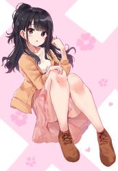Rule 34 | 1girl, :o, ass, bare legs, black eyes, black hair, boots, brown footwear, brown jacket, commentary request, convenient leg, floral background, full body, hand up, highres, idolmaster, idolmaster shiny colors, jacket, kazano hiori, knees up, long hair, long sleeves, looking at viewer, minikon, no socks, one side up, open clothes, open jacket, parted lips, pink skirt, shirt, shoes, sidelocks, sitting, skirt, solo, white shirt