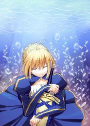 Rule 34 | 1girl, ahoge, artoria pendragon (fate), avalon (fate/stay night), bad id, bad pixiv id, blonde hair, caustics, dress, excalibur (fate/stay night), closed eyes, fate/zero, fate (series), pawnluoluo, saber (fate), sheath, sheathed, sword, underwater, weapon