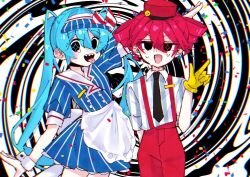 Rule 34 | 2girls, apron, arm up, black eyes, black necktie, blue dress, blue hair, bow, buttons, collared shirt, commentary request, confetti, diagonal-striped bow, double-breasted, dress, drill hair, flat chest, gloves, hair between eyes, hair intakes, hand up, hat, hatsune miku, kasane teto, long hair, mesmerizer (vocaloid), multiple girls, necktie, no nose, open mouth, pants, puffy short sleeves, puffy sleeves, red hair, red hat, red pants, sharp teeth, shirt, short sleeves, smile, striped clothes, striped dress, striped shirt, suspenders, sweat, teeth, tokagami, tongue, tongue out, twin drills, twintails, utau, vertical-striped clothes, vertical-striped dress, vertical-striped shirt, visor cap, vocaloid, waist apron, waitress, white apron, white shirt, white wrist cuffs, wrist cuffs, yellow gloves