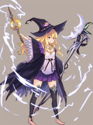 Rule 34 | 10s, 1girl, black hat, black legwear, blonde hair, dorothy (shingeki no bahamut), full body, hat, holding, holding staff, holding wand, jewelry, long hair, necklace, purple skirt, red eyes, shadowverse, shingeki no bahamut, skirt, smile, solo, staff, standing, tokisan9024, wand, wide sleeves, witch hat