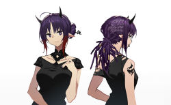 Rule 34 | 1girl, arknights, bare shoulders, black dress, braid, braided ponytail, closed mouth, collarbone, dreadlocks, dress, hair bun, hair tie in mouth, hand up, highres, hohoanime, horns, lava (arknights), medium hair, mouth hold, multiple views, pointy ears, purple eyes, purple hair, shoulder tattoo, sidelocks, single hair bun, smile, tattoo, white background