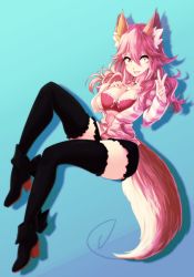Rule 34 | 10s, 1girl, absurdres, animal ears, black thighhighs, bra, breasts, cleavage, collarbone, fate/extra, fate/grand order, fate (series), fox ears, fox tail, gradient background, hand on own chest, highres, jewelry, large breasts, long hair, looking away, necklace, official alternate costume, open clothes, open shirt, pink bra, pink hair, riko (rikooh), shirt, solo, striped clothes, striped shirt, tail, tamamo (fate), tamamo no mae (fate/extra), tamamo no mae (spring casual) (fate), thighhighs, underwear, yellow eyes