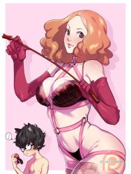 Rule 34 | ..., 1boy, 1girl, amamiya ren, animal ear fluff, animal ears, assertive female, ball gag, black bra, black hair, blush, bondage outfit, bra, breasts, collarbone, dominatrix, elbow gloves, femdom, gag, glasses, gloves, harness, holding, holding riding crop, kukumomo, large breasts, looking at viewer, medium hair, messy hair, mole, mole on breast, navel, okumura haru, orange hair, parted lips, persona, persona 5, pink background, pink gloves, purple eyes, riding crop, sf-20, shadow, speech bubble, spoken ellipsis, thighhighs, two-tone background, underwear, whip, white background