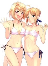 Rule 34 | 2girls, ahoge, arcueid brunestud, artoria pendragon (all), artoria pendragon (fate), blonde hair, breasts, cleavage, fate/stay night, fate (series), green eyes, hair ribbon, looking at viewer, multiple girls, navel, open mouth, ribbon, saber (fate), simple background, smile, swimsuit, tsukihime, tsurui, waving, white background