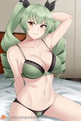 Rule 34 | 1girl, anchovy (girls und panzer), aslindsamure, breasts, brown eyes, cleavage, drill hair, girls und panzer, green hair, green panties, highres, large breasts, lingerie, long hair, looking at viewer, navel, panties, parted lips, sitting, solo, thighs, twintails, underwear