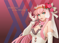 Rule 34 | 1girl, breasts, bridal veil, copyright name, darling in the franxx, dress, flower, gloves, green eyes, highres, horns, long hair, looking at viewer, medium breasts, moliai, pink flower, pink hair, pink rose, red horns, rose, solo, typo, veil, wedding dress, white gloves, zero two (darling in the franxx)