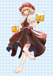 Rule 34 | 1girl, :d, aki minoriko, alcohol, alternate costume, apron, bare legs, bare shoulders, barefoot, beer, beer mug, black dress, blonde hair, blue background, breasts, cup, dirndl, dress, dual wielding, feet, from behind, full body, german clothes, hair between eyes, hat, holding, holding cup, looking at viewer, looking back, medium breasts, mob cap, mug, open mouth, plaid, plaid background, red eyes, red hat, sash, short hair, shunichi, smile, soles, solo, toes, touhou, twisted torso, underbust, waist apron, wrist cuffs