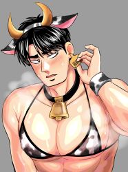 Rule 34 | 1boy, absurdres, animal ears, animal print, bara, bell, bikini, black collar, black hair, collar, commentary request, cow ears, cow horns, cow print, cow print bikini, cowbell, ear tag, fake animal ears, fake horns, grey background, highres, horns, kaiji, korean commentary, looking to the side, male focus, medium bangs, murakami tamotsu, muscular, neck bell, open mouth, pectorals, print bikini, short hair, simple background, solo, swimsuit, upper body, white eyes, wristband, yellow horns, yologyeolseogchung-gyeogpaswaeseogsul