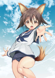 Rule 34 | 1girl, absurdres, animal ears, blue one-piece swimsuit, blue sailor collar, blue sky, brown eyes, brown hair, cloud, commentary request, cowboy shot, dog ears, dog tail, extra ears, foreshortening, hair flaps, highres, miyafuji yoshika, one-piece swimsuit, sailor collar, sailor shirt, school swimsuit, shirt, short hair, sky, smile, solo, strike witches, swimsuit, swimsuit under clothes, tail, white shirt, world witches series, yashin (yasinz)