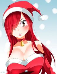 Rule 34 | 1girl, bell, blush, bra, breasts, brown eyes, christmas, cleavage, collar, erza scarlet, fairy tail, large breasts, lipstick, long hair, makeup, open mouth, red hair, sky, snow, teeth, underwear