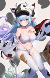 Rule 34 | 1girl, animal ears, animal hood, animal print, bare shoulders, bikini, blue hair, bow, breasts, catura (granblue fantasy), choker, cleavage, collarbone, cow ears, cow girl, cow hood, cow print, cow tail, crop top, detached sleeves, earrings, gradient hair, granblue fantasy, hand on own chest, highleg, highleg bikini, highres, hood, jewelry, large breasts, long hair, long sleeves, looking at viewer, micro shorts, midriff, multicolored hair, navel, ohihil, open fly, orange eyes, parted lips, shorts, sidelocks, solo, stomach, strapless, string bikini, swimsuit, tail, tail bow, tail ornament, thighhighs, thighs, very long hair, white bikini, white shorts, white thighhighs, wide sleeves