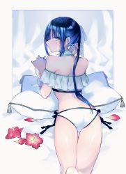 Rule 34 | 1girl, aqua eyes, ass, back, bad id, bad pixiv id, bare shoulders, bikini, black hair, blush, closed mouth, cup, drinking glass, fate/grand order, fate (series), flower, hair ribbon, jing ke (fate), katagiri (mighty swing), long hair, looking at viewer, looking back, nail polish, off-shoulder bikini, off shoulder, pillow, ponytail, ribbon, solo, swimsuit, thighs, water shine, white bikini, white ribbon, wine glass