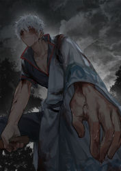 Rule 34 | 1boy, blood, dark, from behind, gintama, highres, holding, holding sword, holding weapon, hunched over, injury, male focus, outdoors, rain, red eyes, sakata gintoki, solo, spotaka, sword, weapon, white hair