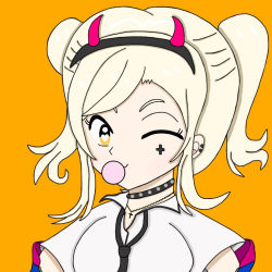 Rule 34 | 1girl, ;), alternate hairstyle, artist name, artist request, black choker, black hairband, black neckwear, blonde hair, blush, breasts, brown eyes, chewing gum, choker, cleavage, collared shirt, cross, cross necklace, cross print, demon horns, fake demon horns, female focus, hair between eyes, hairband, horns, jewelry, long hair, looking at viewer, love live!, love live! nijigasaki high school idol club, love live! school idol festival, love live! school idol festival all stars, miyashita ai, necklace, one eye closed, orange background, orange eyes, parted lips, shirt, short twintails, smile, solo, twintails, white shirt, yellow eyes
