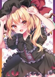 Rule 34 | 1girl, alternate color, black hat, black shirt, black skirt, blonde hair, blush, clenched hands, commentary, crystal, fang, flandre scarlet, frilled shirt, frilled skirt, frills, hat, hat ribbon, highres, long hair, looking at viewer, one side up, open mouth, orange eyes, red ribbon, ribbon, shirotsuki shirone, shirt, short sleeves, skin fang, skirt, solo, touhou, wings